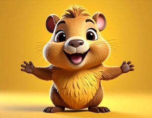 Adorable Baby Capybara Character with Open Arms and a Happy Smile, Cute 3D Rendered Rodent Mascot Standing on a Vibrant Yellow Background