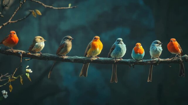 Six vibrant birds of various species perched on a branch against a backdrop of foliage and dusk sky.