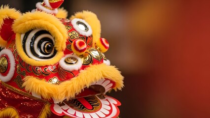 Close Up Yellow Chinese Lion Dance Mask With Detailed Fur And Golden Patterns