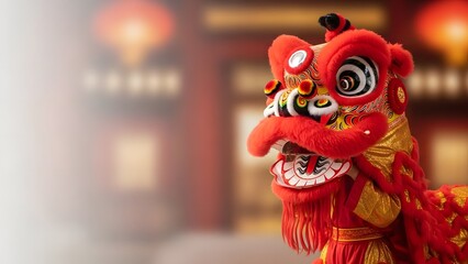 Traditional Chinese Lion Dance Costume Standing Indoors With Soft Festive Background Light