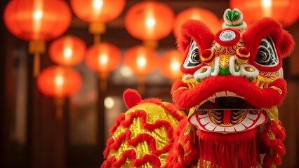 Traditional Chinese Lion Dance Costume With Red Fur And Festive Lantern Background