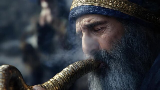 Older man dressed in traditional religious robes, playing a flute in what appears to be a medieval setting.