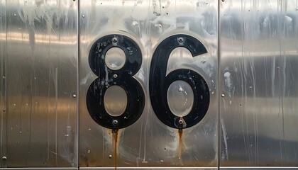 Close up of the number 86 on a metallic surface.