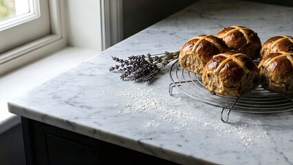 Freshly baked bread on a marble countertop near a window with lavender sprigs