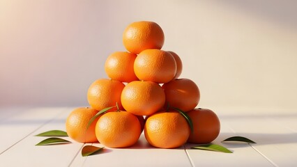 Pyramid Stack Of Fresh Oranges With Green Leaves On Minimal Studio Background