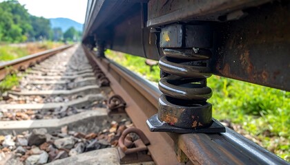 Close-up of a train wheel on a railway track in a rural landscape.