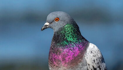 Close-up of a beautiful pigeon with iridescent feathers.