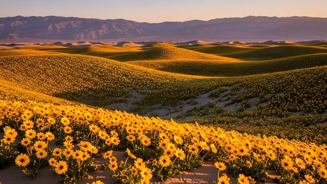 Extremely rare superbloom of golden desert sunflowers completely covering Death Valley sand dunes at golden hour with dramatic long shadows and distant purple mountains