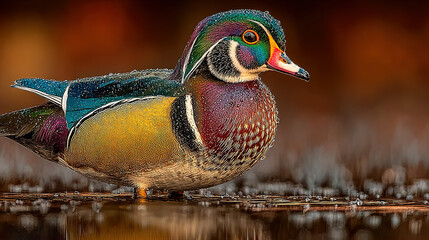 Colorful duck standing on water surface in a natural setting.