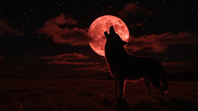 Wolf silhouette under a red moon