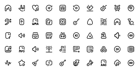 Music icon set. Vector music symbols collection. Features headphones, guitar, piano, vinyl, speaker, playlist, mp3 and more. Editable stroke line. © wang
