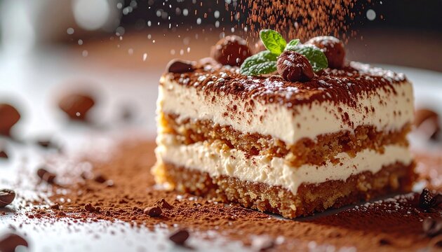 Delicious Tiramisu Dessert with Cocoa Powder and Mint Garnish.