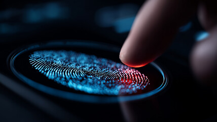 A biometric fingerprint scanning interface in use, representing digital identity verification, secure authentication and cybersecurity access concept.
