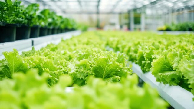 This depicts a modern, indoor hydroponic farm where lettuce is being grown. The plants are in rows, and the entire farm can be seen from above.
