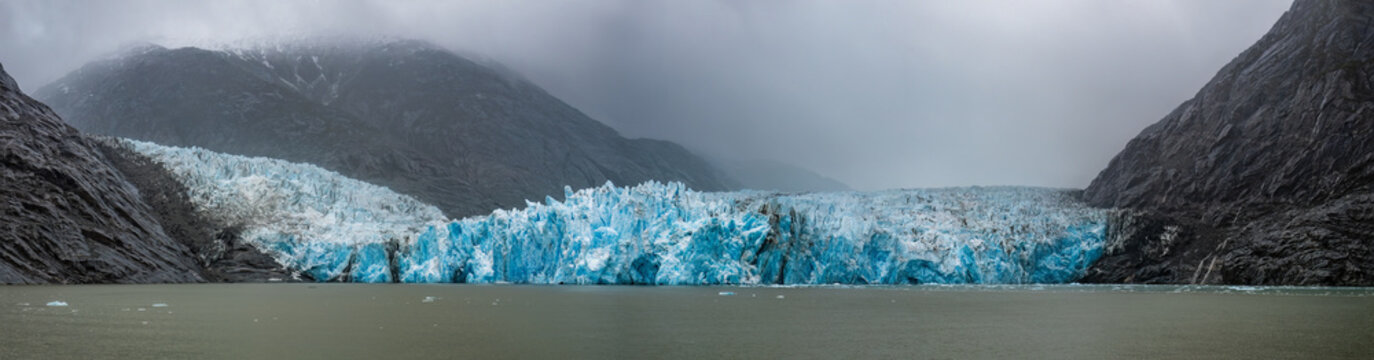Panorama of Dawes Glacier in Alaska, viewed from the Endicott Arm Fjord.