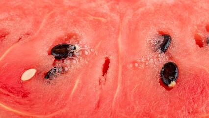 Close-up view of a refreshing watermelon slice, showcasing its vibrant color and texture. The slice is juicy with a hint of sweetness 