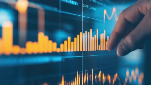 Business person touching digital screen with charts and graphs.
