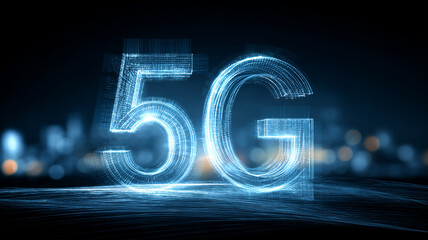 A luminous 5G text formed by digital light lines representing next generation connectivity, mobile networks and wireless technology concept.
