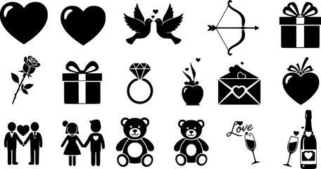 Large collection of black love icons representing romance and Valentine's Day symbols like hearts, cupid, rings, and gifts in a simple minimalist glyph style for design