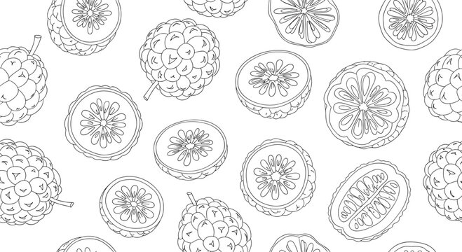Seamless black and white pattern of hand-drawn sugar-apples or cherimoya fruit both whole and sliced in a detailed sketch style.