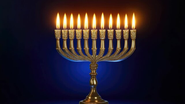 A lit menorah with nine candles on it. The candles are lit and the menorah is on a blue background