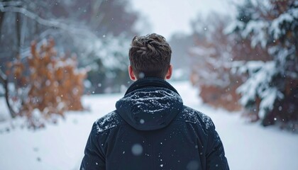 Man walking in snowy landscape during winter, back view.
