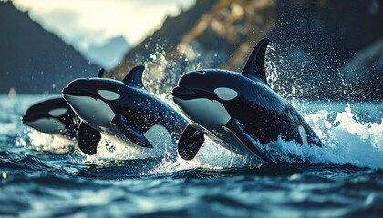 Orcas breaching the ocean surface in a stunning display of nature.