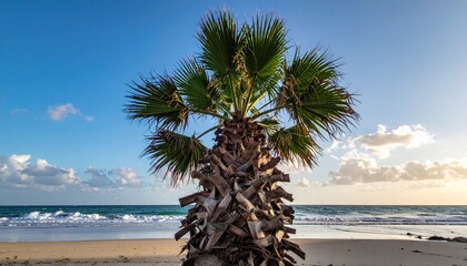 Palm tree on a sandy beach with ocean and blue sky.