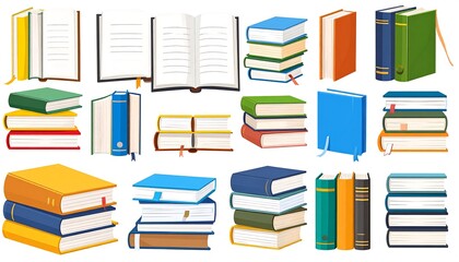 Collection of Colorful Books and Stacks on White Background.