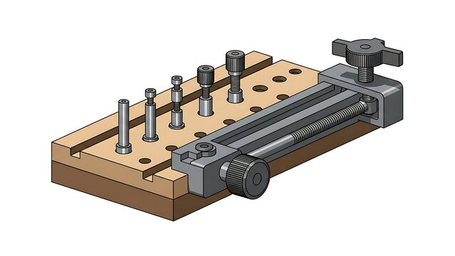 Metalworking vice on a wooden workbench with metal rods and bolts in an industrial setting