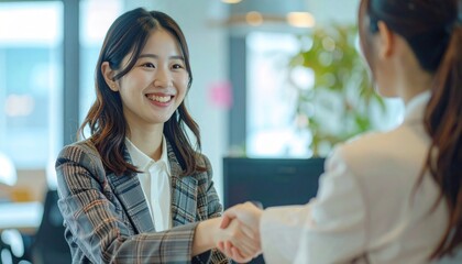 Successful Business Deal - Two Women Shaking Hands in Modern Office.