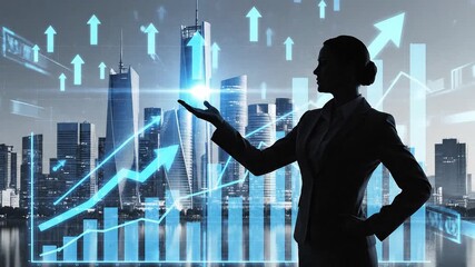 Silhouette of a confident businesswoman interacting with a futuristic financial graph interface in a cityscape at dusk with a professional and technological mood. - Powered by Adobe