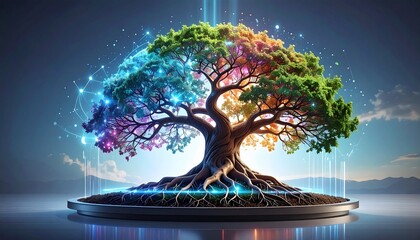 Vibrant Tree of Life with Colorful Leaves and Glowing Roots.