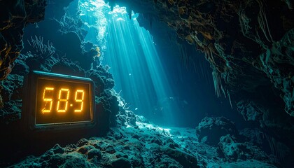 Underwater Time Display in a Sunlit Cave - A Digital Dive.