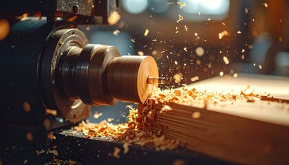 Woodworking lathe in action with flying wood chips.