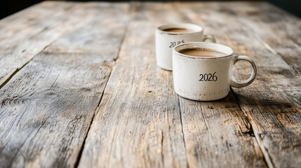 New Year Transition with Coffee Cups Labeled 2025 and 2026