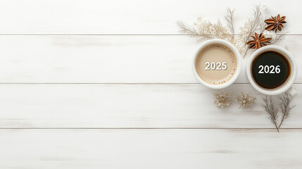 Two Coffee Mugs on Table Showing 2025 and 2026 New Year Concept