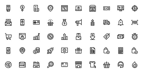 Sales icon set. Business vector icons pack. Includes symbols for online shopping, discount, delivery, money, target, customer service, coupon, advertisement and more. Editable stroke.