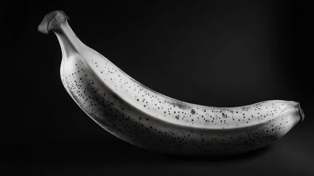 A realistic looking banana with black polka dots against a dark backdrop.