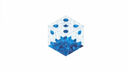 Abstract blue geometric cube floating with patterns on white backdrop, suitable for digital designs