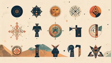 minimal vector design of ancient civilization symbols, scalable SVG style