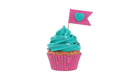 Turquoise Cupcake with Pink Flag and Heart