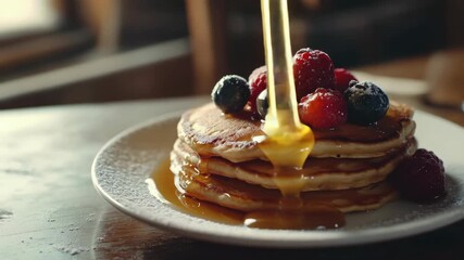 Sweet and fruity pancake stack served with whipped cream for a delicious breakfast or dessert. A tasty foodie treat for brunch or any time of day.