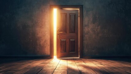 A mysterious open door in a dark room illuminated by bright sunlight, inviting yet ominous.