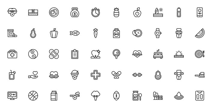 Healthy Lifestyle icon set. Fitness and wellness vector icons pack. Includes symbols for exercise, nutrition, medical, no smoking, no sugar, heart health and more. Editable stroke. - Powered by Adobe