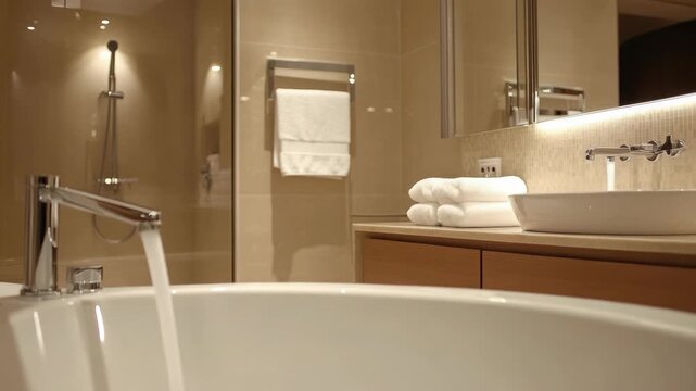 Bathroom with a sleek design, including double sinks and a large mirror.