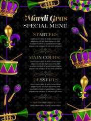 mardi gras special menu with masks, musical instruments, lily and crown. mardi gras frame with colorful party elements