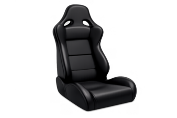 Black leather racing car bucket seat ready for installation, emphasizing speed, performance, and vehicle interior design on a transparent background