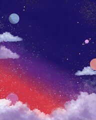 fantasy cosmic illustration poster, dreamy anime style, vibrant deep blue and bright red gradient background