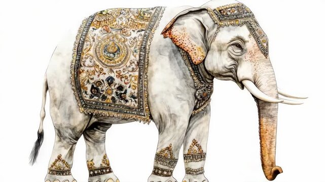 Decorated elephant standing still. Elegantly painted with intricate patterns, symbolizing tradition and culture.
